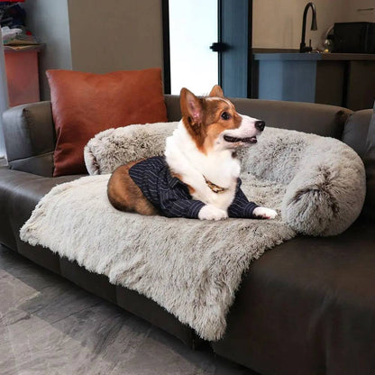 Corgi in a sweater lying on the light coffee plush couch bed on a gray sofa.