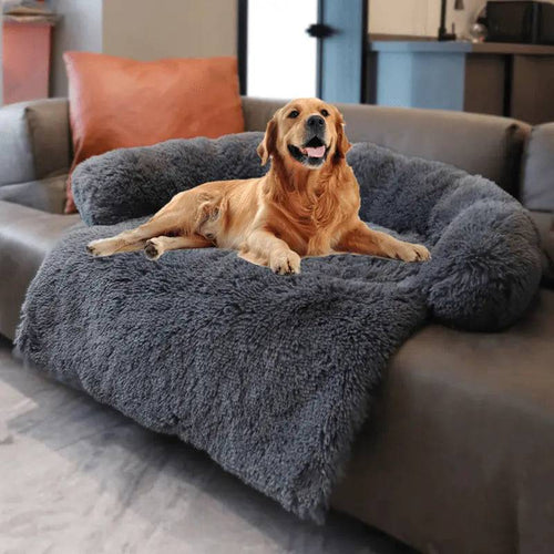 Golden retriever lying on the dark gray plush couch bed draped over a gray sofa seat.