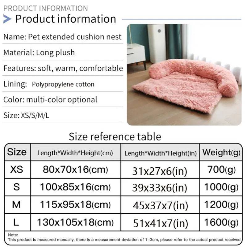 Product information panel and size table for the couch bed in XS, S, M and L with dimensions and weights.
