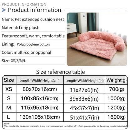 Product information panel and size table for the couch bed in XS, S, M and L with dimensions and weights.