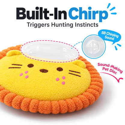 Cutaway of the lion plush dog frisbee showing the built-in squeaker that chirps when your dog bites it.