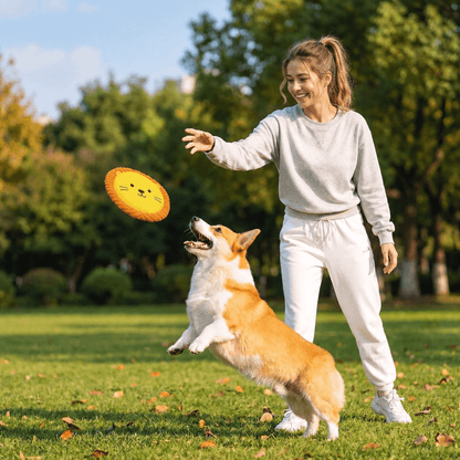 A woman throwing the lion squeaky plush dog frisbee to a jumping corgi on a sunny lawn.