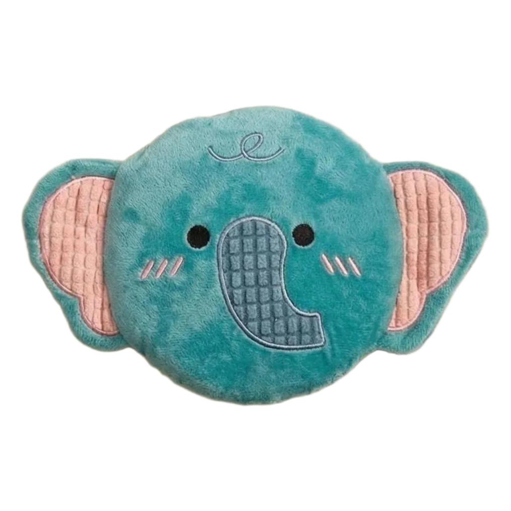Blue and pink elephant style squeaky plush dog frisbee with soft corduroy ears and trunk.