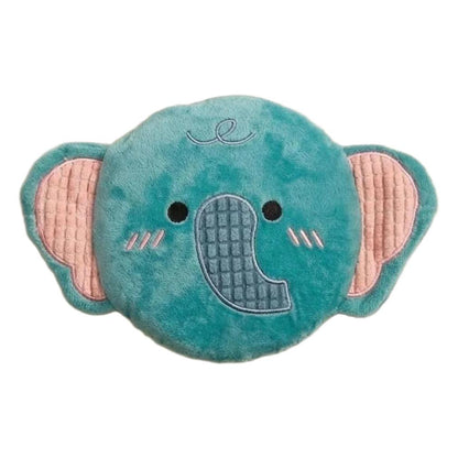 Blue and pink elephant style squeaky plush dog frisbee with soft corduroy ears and trunk.
