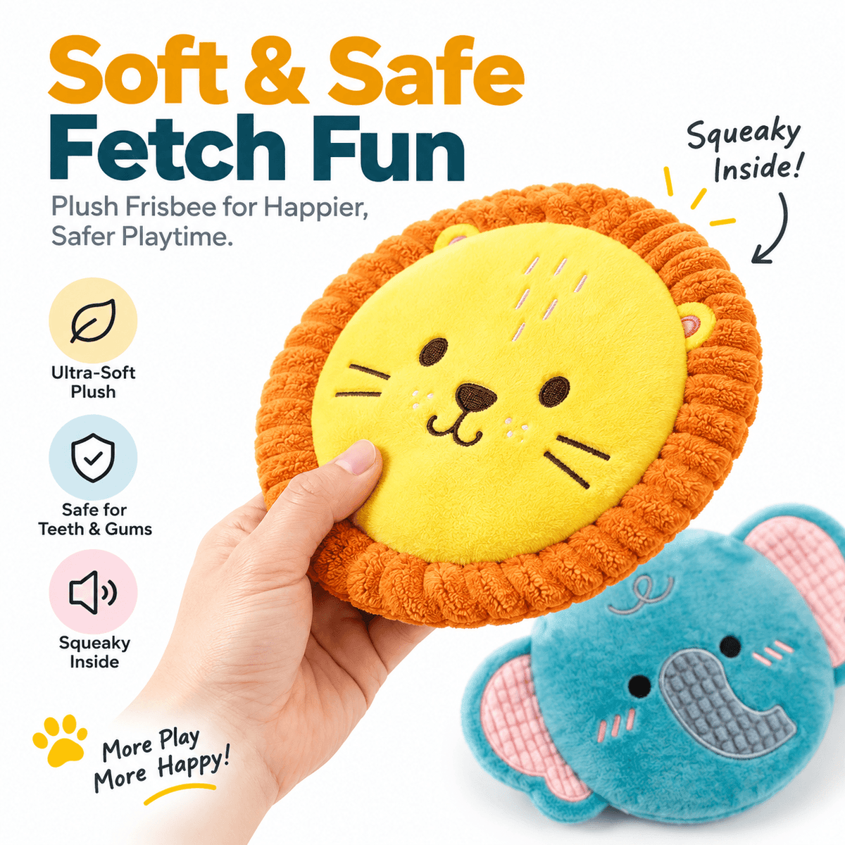 A hand holding the lion squeaky plush dog frisbee next to the blue elephant design, with a squeaky inside callout.