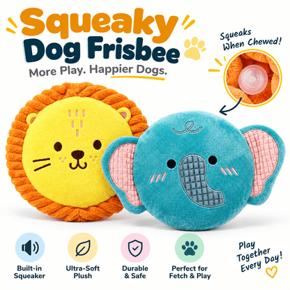 Lion and elephant squeaky plush dog frisbee designs with a built-in squeaker and icons for soft plush and fetch play.