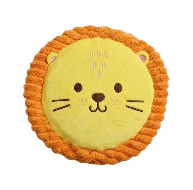 Yellow and orange lion style squeaky plush dog frisbee with a soft braided rim, shown flat on a white background.