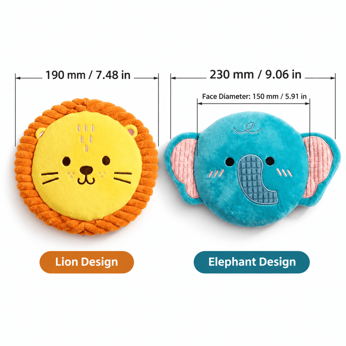 Size chart of the plush dog frisbee: lion design 190 mm (7.48 in) and elephant design 230 mm (9.06 in) with a 150 mm face.