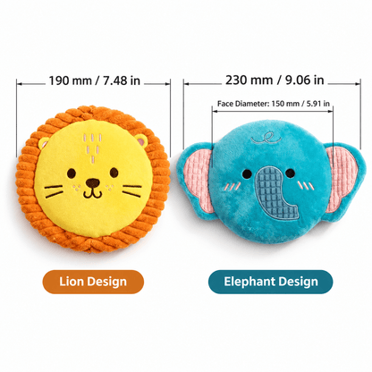 Size chart of the plush dog frisbee: lion design 190 mm (7.48 in) and elephant design 230 mm (9.06 in) with a 150 mm face.