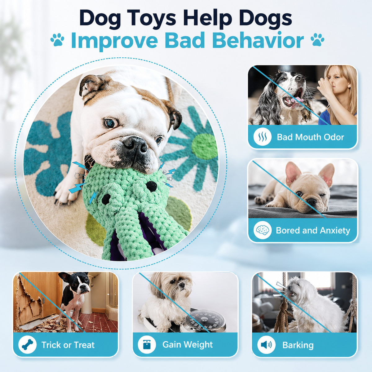 Bulldog and other dogs playing with the plush octopus dog toy in six small scenes.