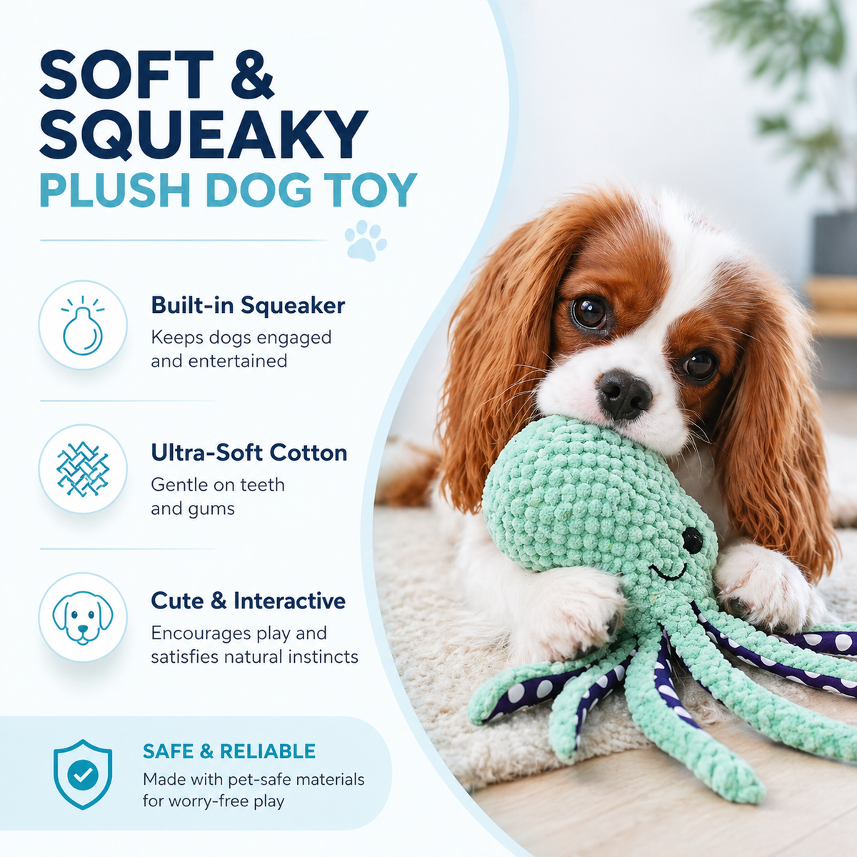Cavalier spaniel with the plush octopus dog toy and built-in squeaker, ultra-soft cotton, cute and interactive and safe and reliable callouts.