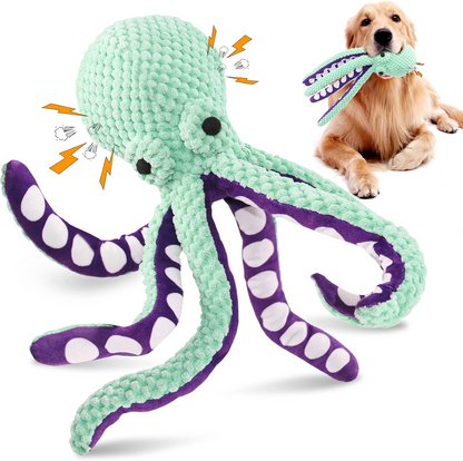 Mint green plush octopus dog toy with purple spotted tentacles beside a golden retriever carrying it.