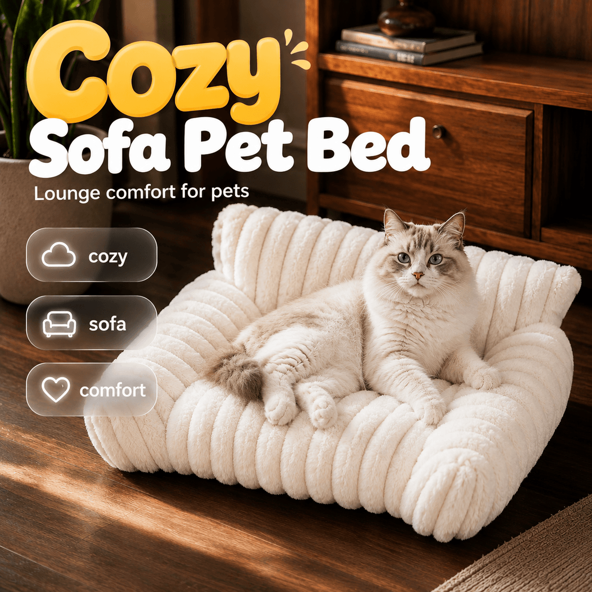 A cat lying on a cream ribbed sofa bed beside a wooden cabinet with labels reading cozy, sofa and comfort.