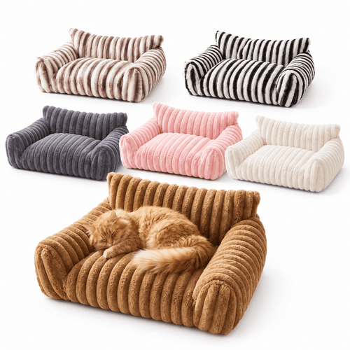 Six ribbed plush sofa beds in brown stripe, black stripe, gray, pink and cream, with a ginger cat asleep in a tan one.
