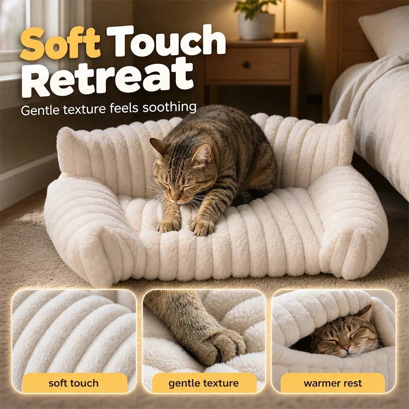 A tabby cat kneading a cream ribbed sofa bed with close ups of the soft touch surface and a cat sleeping in it.