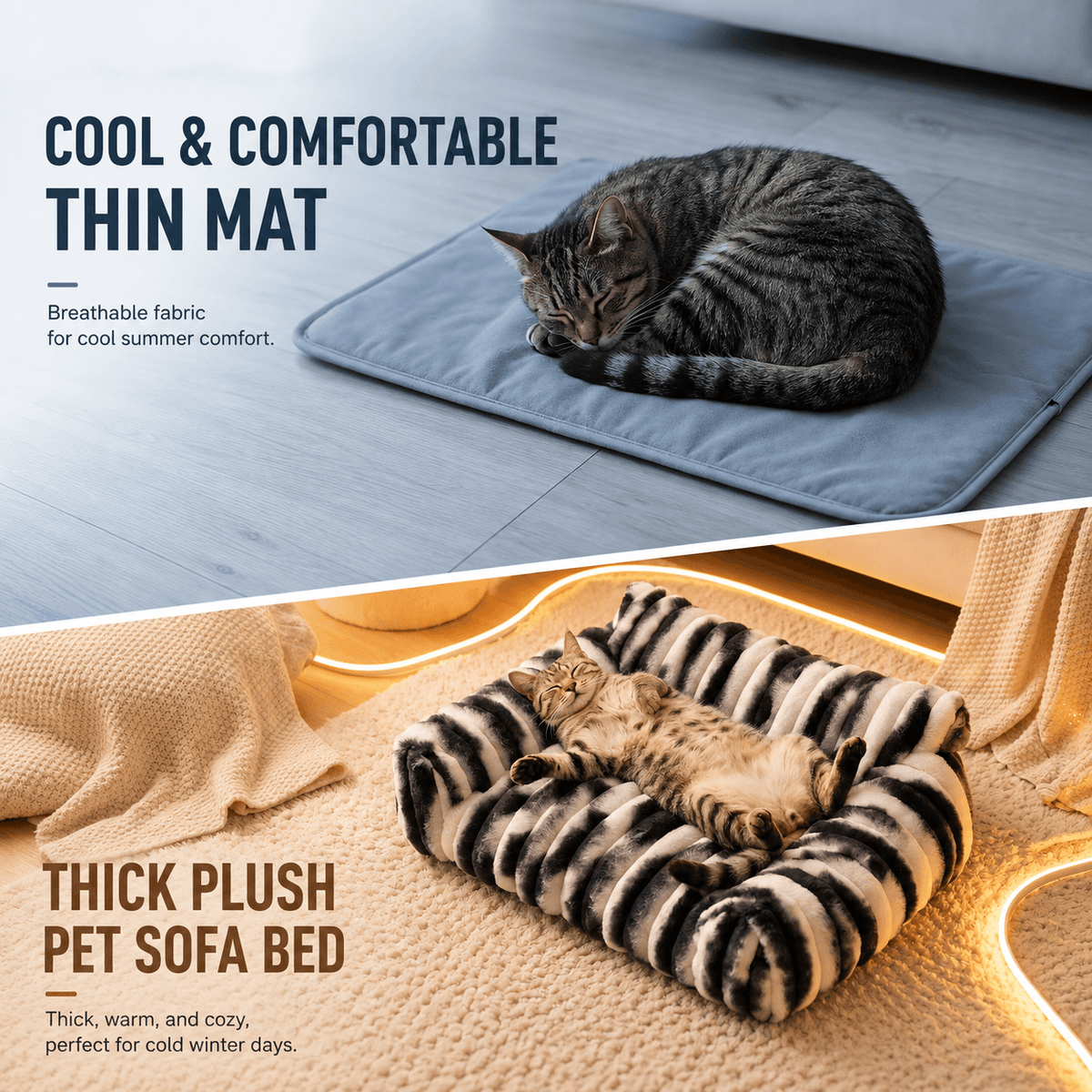 A cat curled on a flat breathable summer mat above and a cat on the thick striped plush sofa bed below.