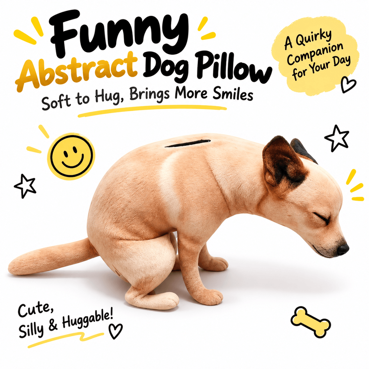 Funny pooping dog plush toy pillow shown in its squatting pose with playful soft-to-hug graphics.