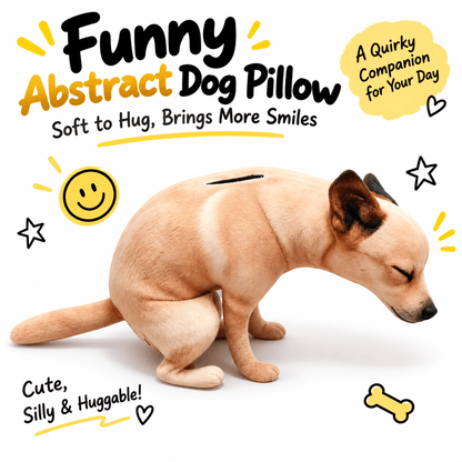 Funny pooping dog plush toy pillow shown in its squatting pose with playful soft-to-hug graphics.