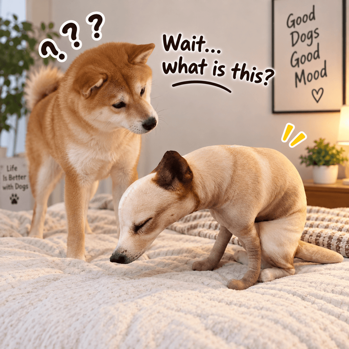 Shiba inu staring in confusion at the funny pooping dog plush toy on a bed.