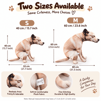 Funny pooping dog plush toy size chart: S 40 cm (15.7 in) tall and M 60 cm (23.6 in) tall.