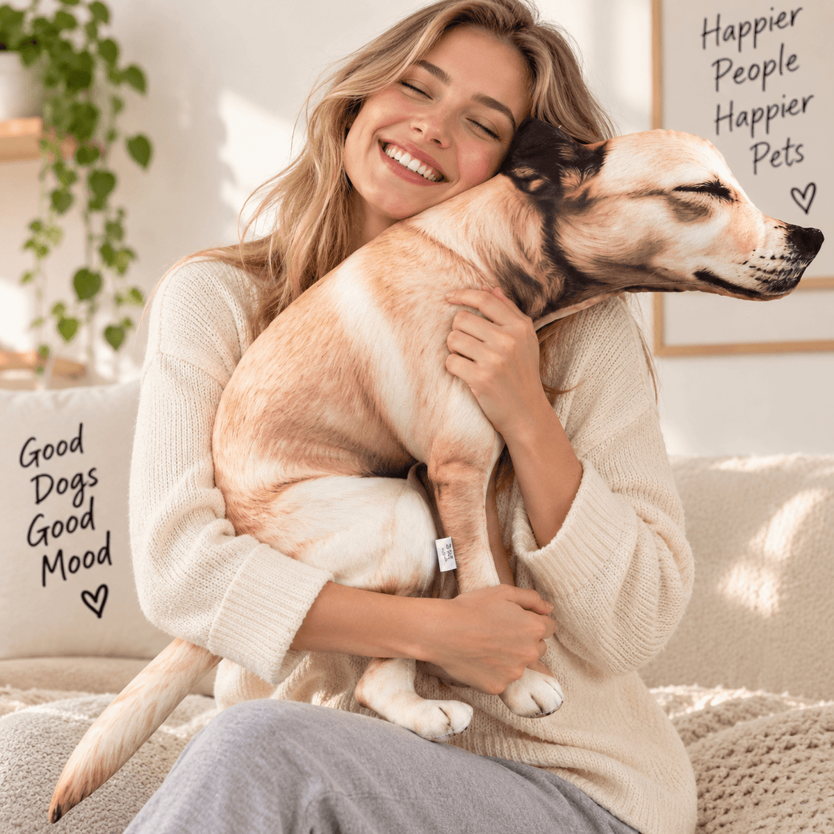 Smiling woman hugging the soft funny pooping dog plush toy on a cozy sofa.
