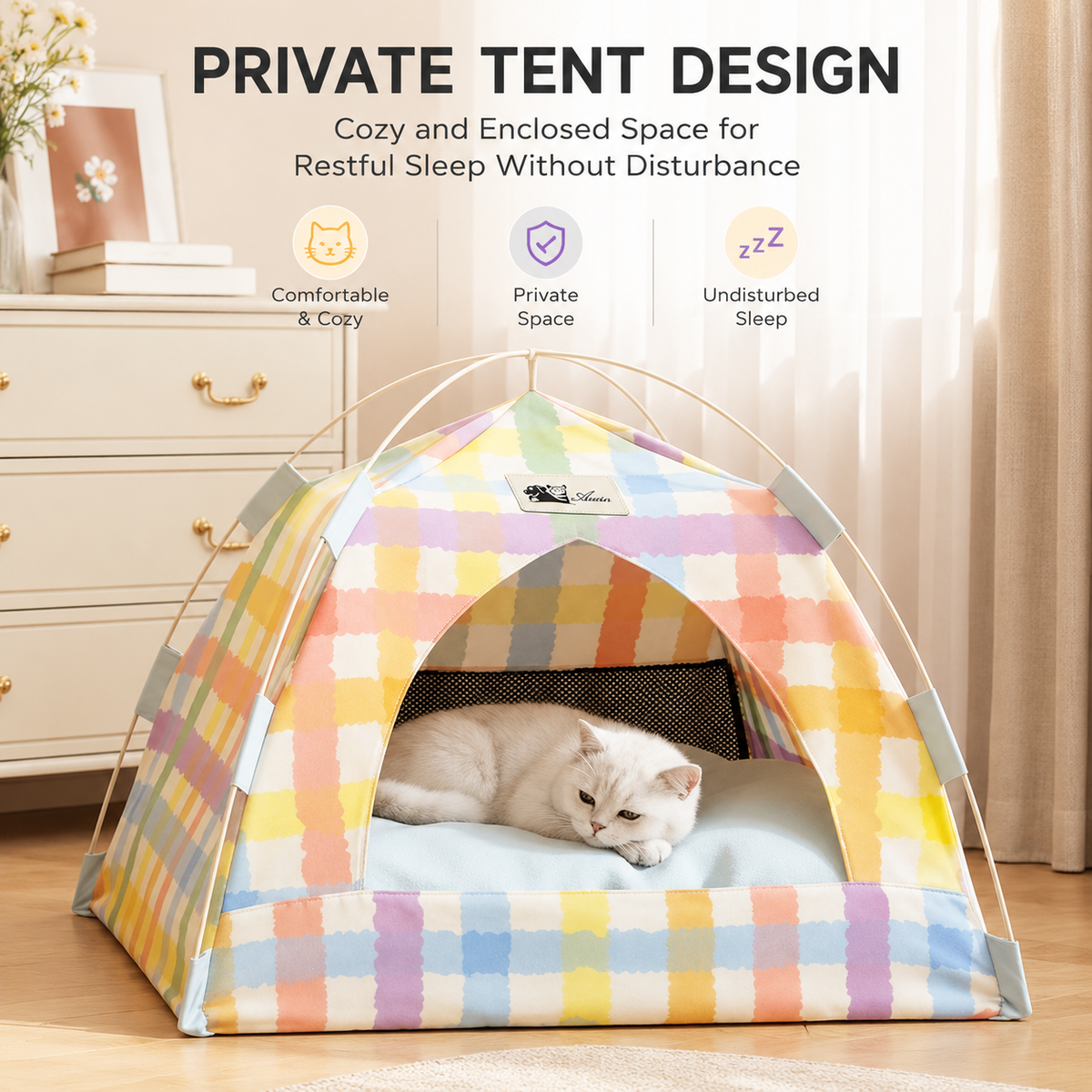 White cat asleep on the cushion inside the pastel plaid pop up cat tent bed, captioned private tent design for restful sleep.