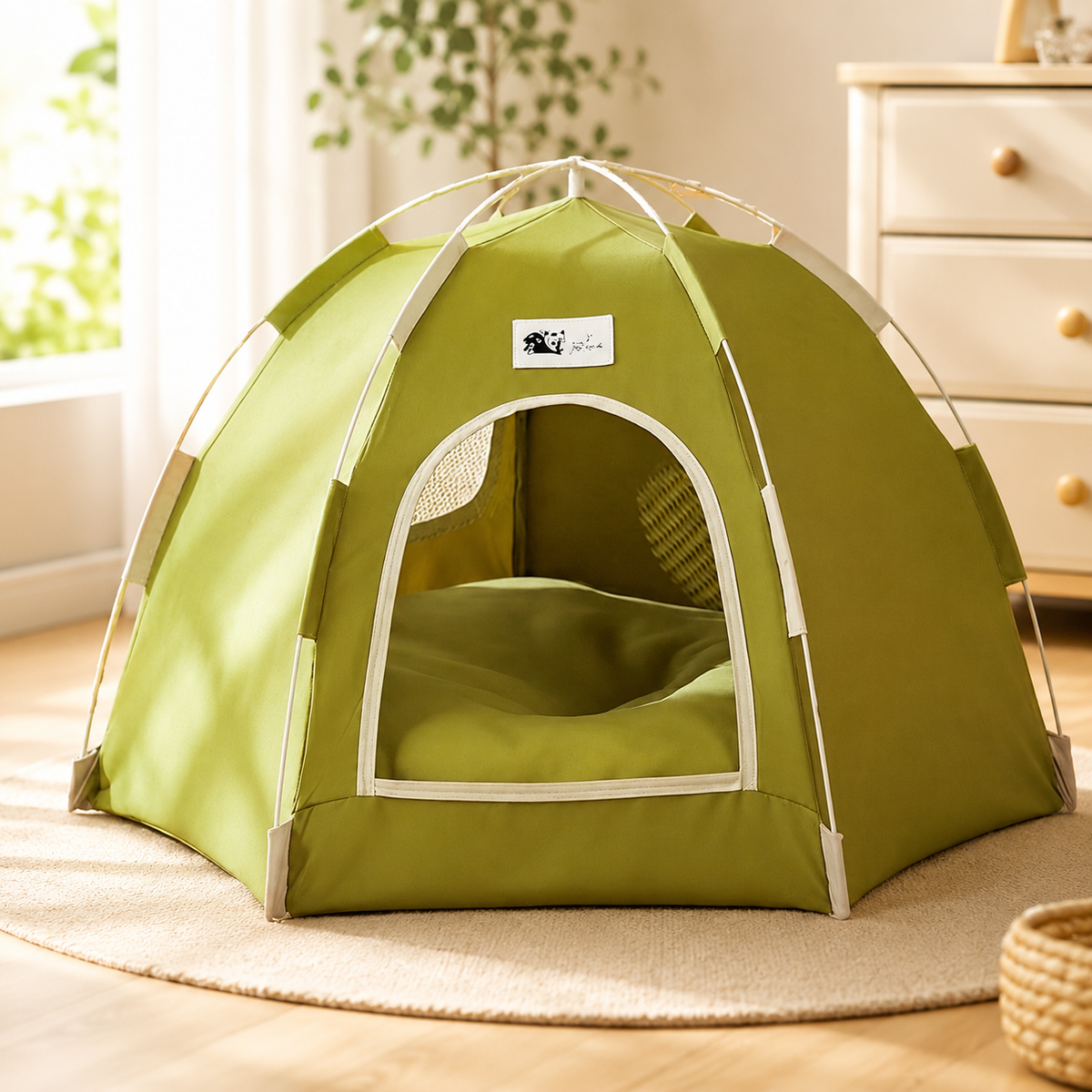 Olive green pop up cat tent bed on a round rug beside a chest of drawers.