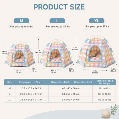 Size chart for the pop up cat tent bed: M 40 by 40 by 36 cm up to 8 lb, L 53 by 53 by 45 cm up to 15 lb and XL 63 by 63 by 54 cm up to 25 lb.