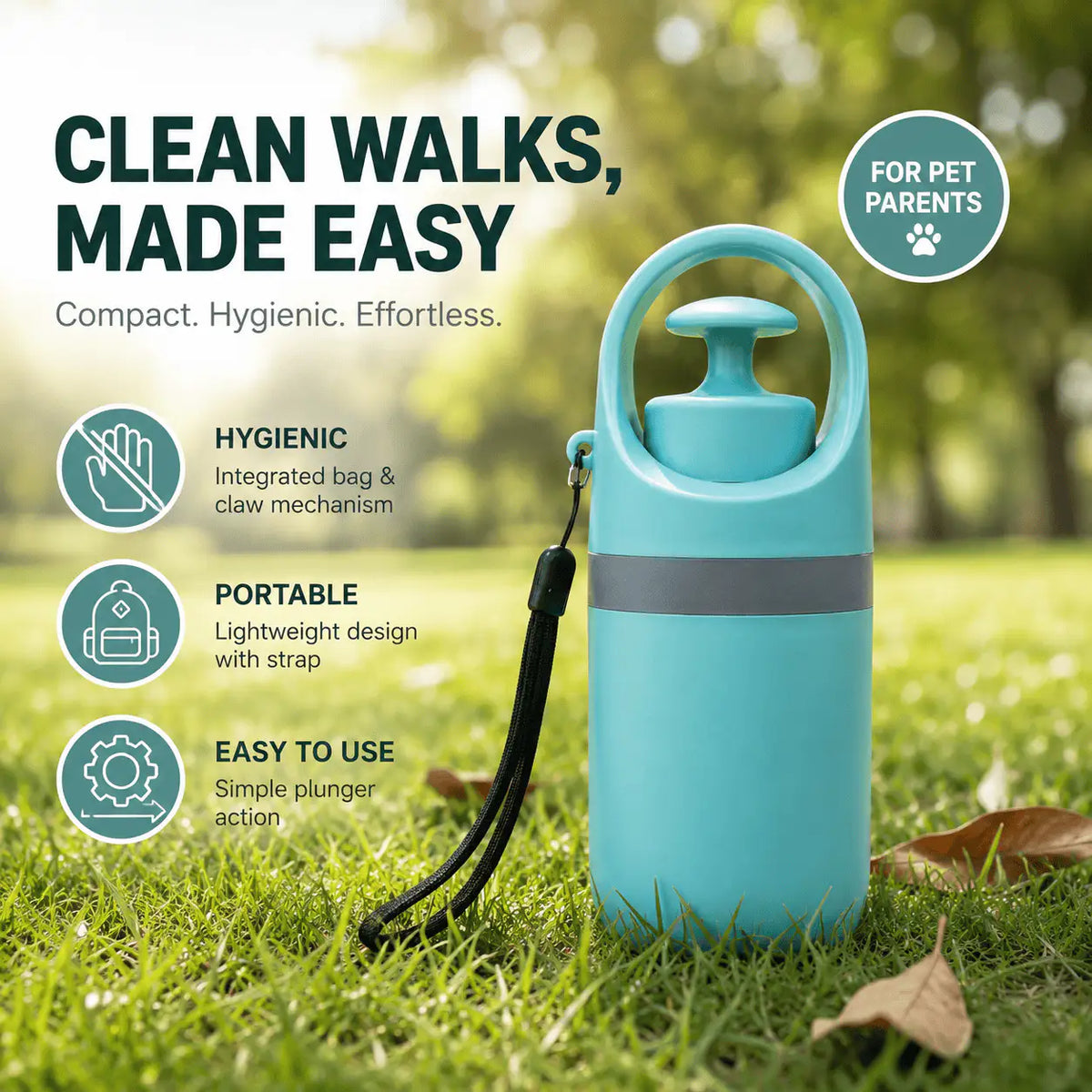 Teal portable claw pooper scooper on grass with icons for hygienic, portable and easy to use.