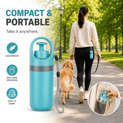 Woman walking a golden retriever with the teal portable claw pooper scooper, with lightweight and one-hand icons.