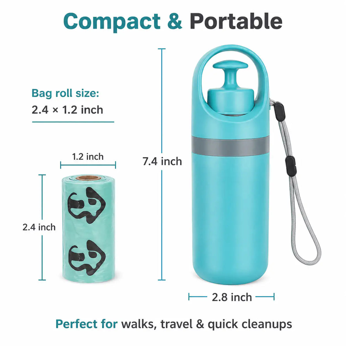 Dimension panel for the portable claw pooper scooper: 7.4 inches tall, 2.8 inches wide, with a 2.4 by 1.2 inch bag roll.