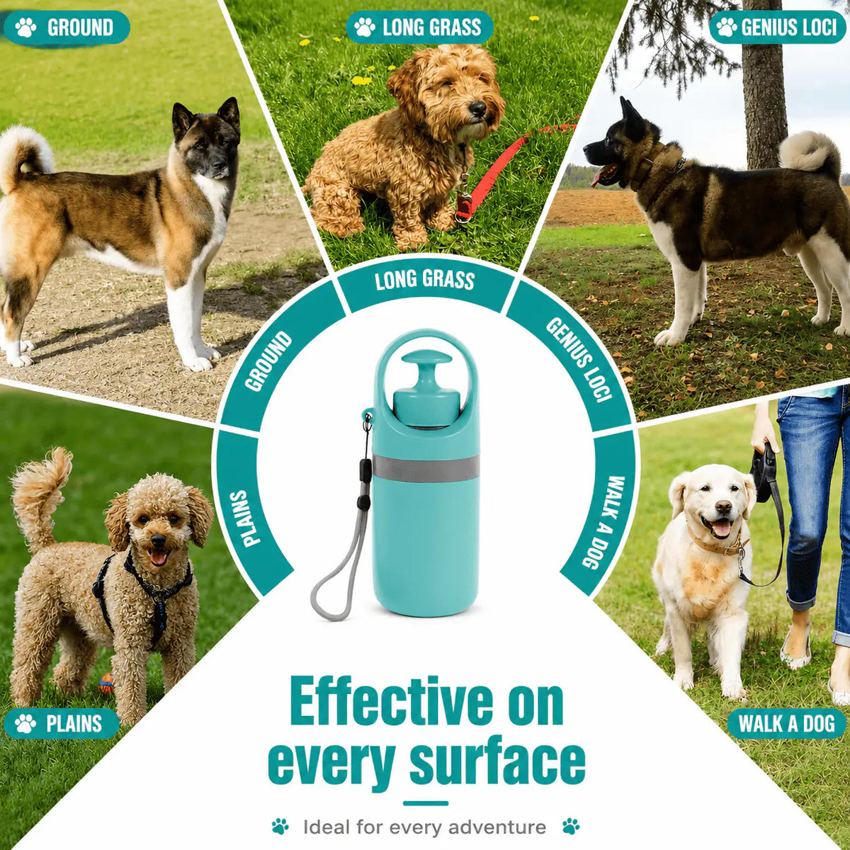 Collage of dogs on grass, ground and paths around the portable claw pooper scooper, captioned effective on every surface.