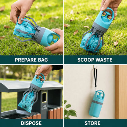 Four-step guide for the portable claw pooper scooper: prepare bag, scoop waste, dispose and store.