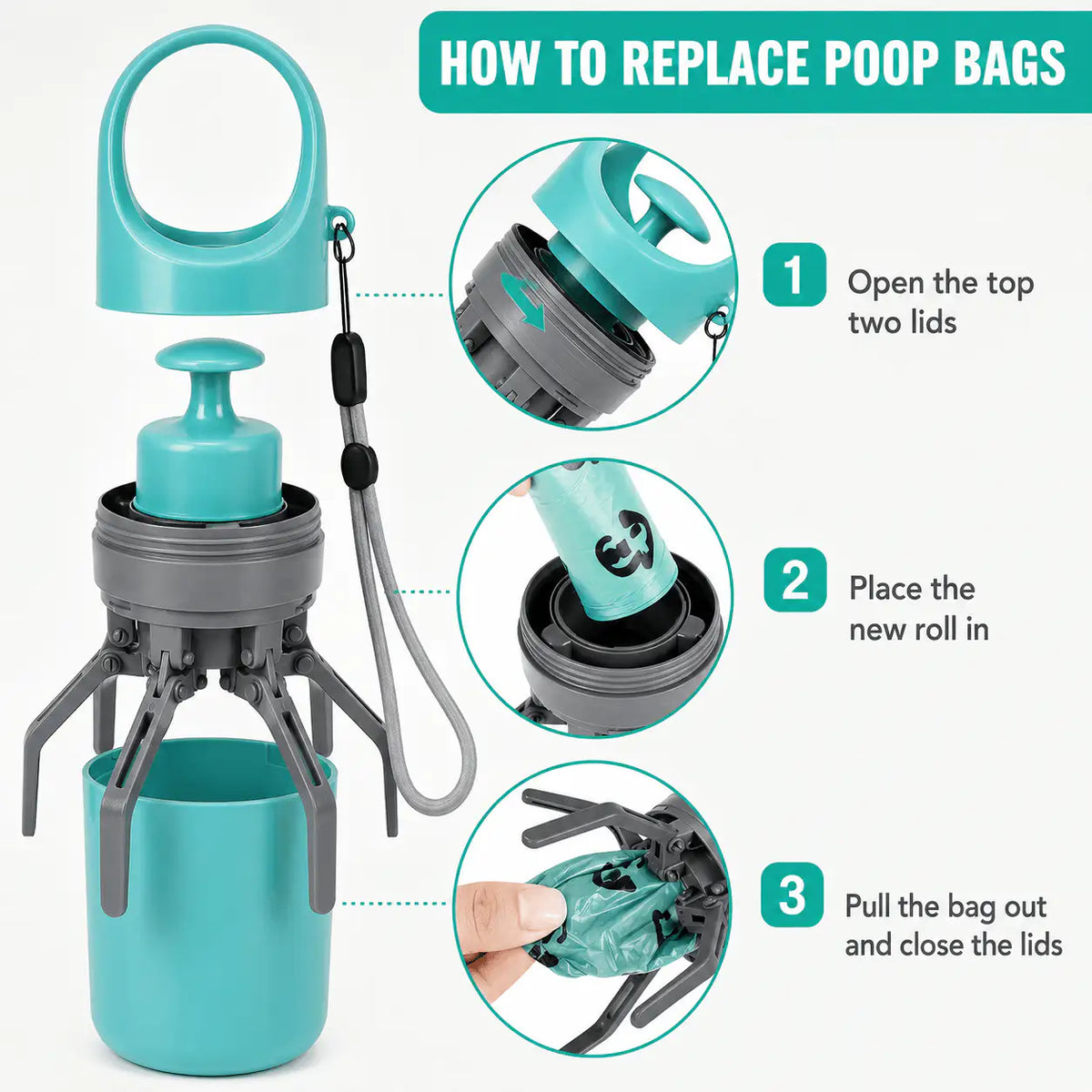 Exploded view of the portable claw pooper scooper showing how to open the top lids and load a new bag roll.