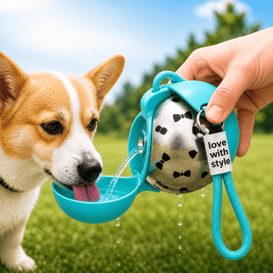 Corgi drinking from the teal portable dog water bottle with the silicone bowl unfolded, held by a hand with the lanyard.