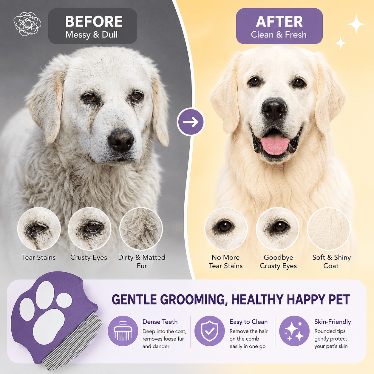Noblias pet face cleaning brush with purple bristles for gentle grooming and facial hygiene for cats and dogs.
