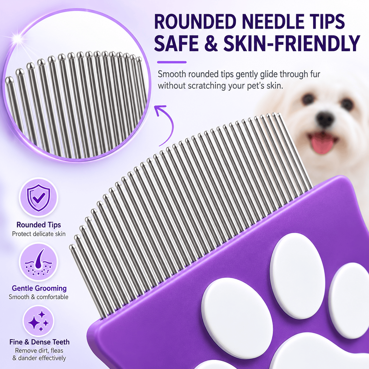 Noblias pet face cleaning brush with purple bristles, designed for gentle grooming of pets' facial fur and skin.