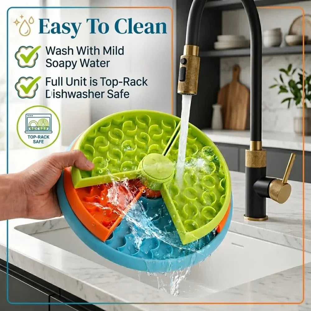 Puzzle slow feeder dog bowl rinsed under a kitchen tap, captioned wash with soapy water and top-rack dishwasher safe.