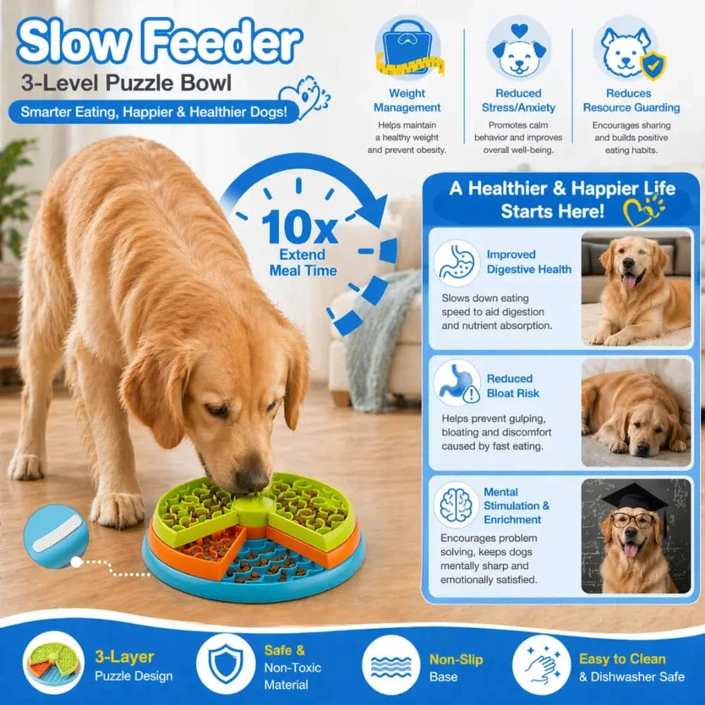 Golden retriever eating from the three layer puzzle slow feeder dog bowl with feature icons around it.