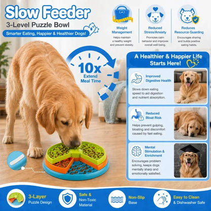 Golden retriever eating from the three layer puzzle slow feeder dog bowl with feature icons around it.