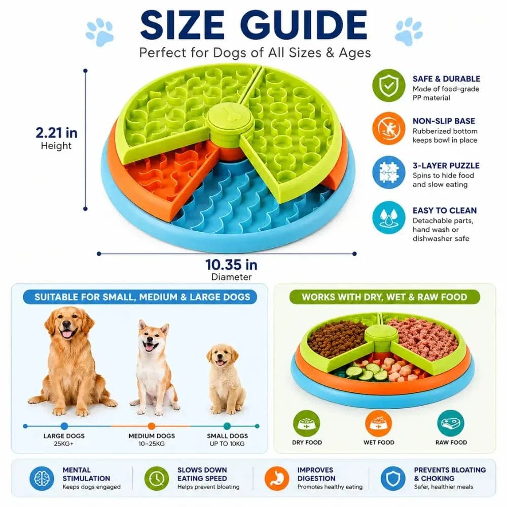 Size guide for the puzzle slow feeder dog bowl: 10.35 inches wide, 2.21 inches tall, for small, medium and large dogs and dry, wet or raw food.