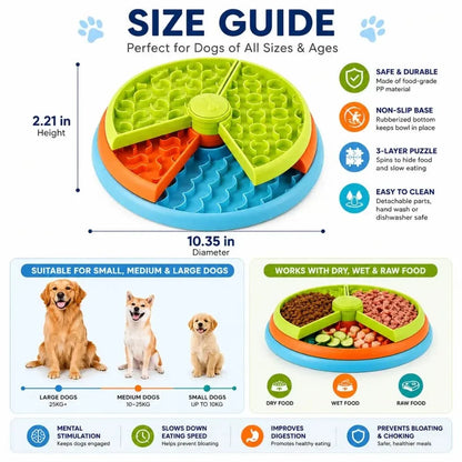 Size guide for the puzzle slow feeder dog bowl: 10.35 inches wide, 2.21 inches tall, for small, medium and large dogs and dry, wet or raw food.