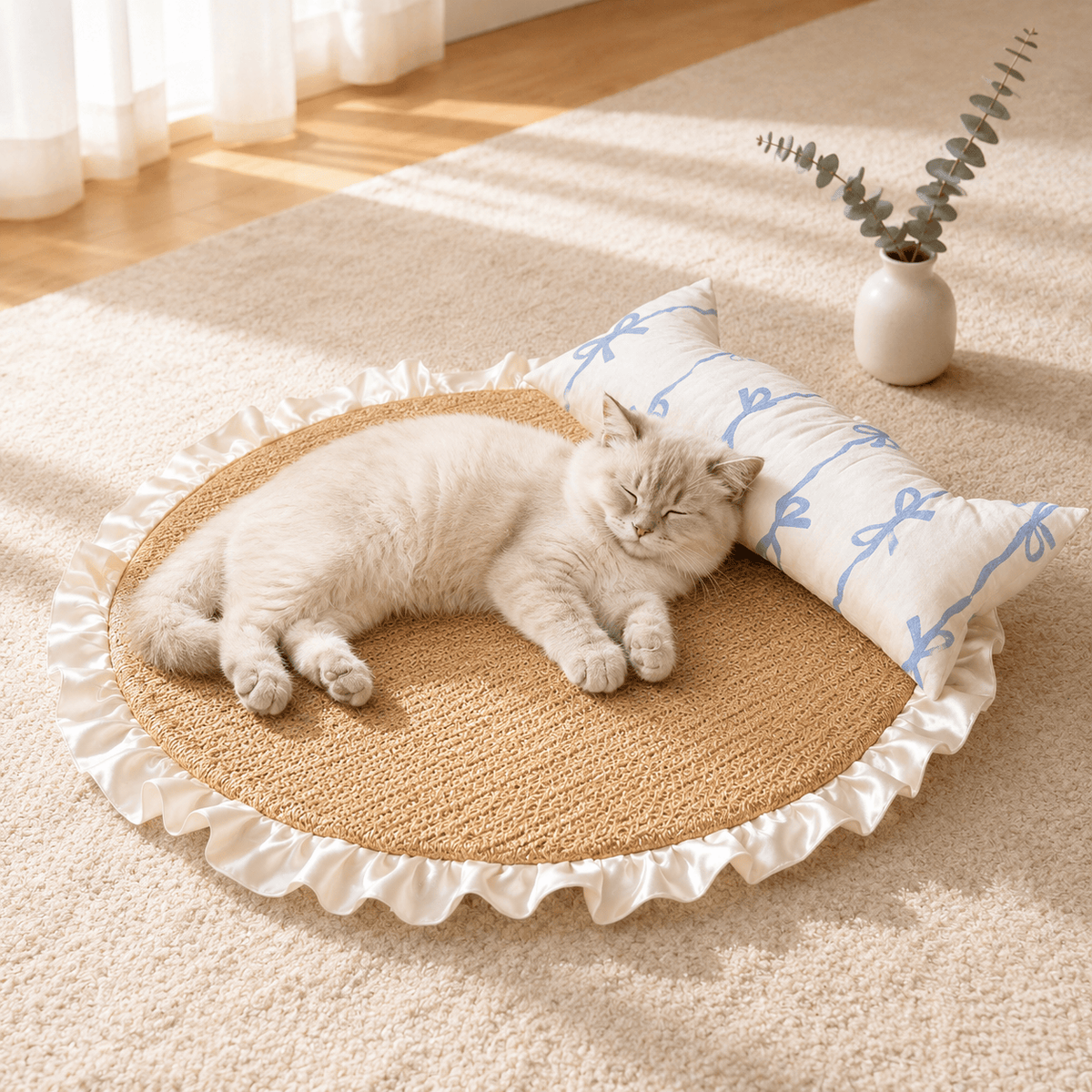 Cream colored cat lying on the Noblias handwoven rattan cat bed with the blue bow bolster pillow beside her.