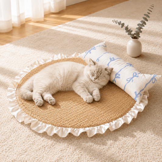 Cream colored cat lying on the Noblias handwoven rattan cat bed with the blue bow bolster pillow beside her.