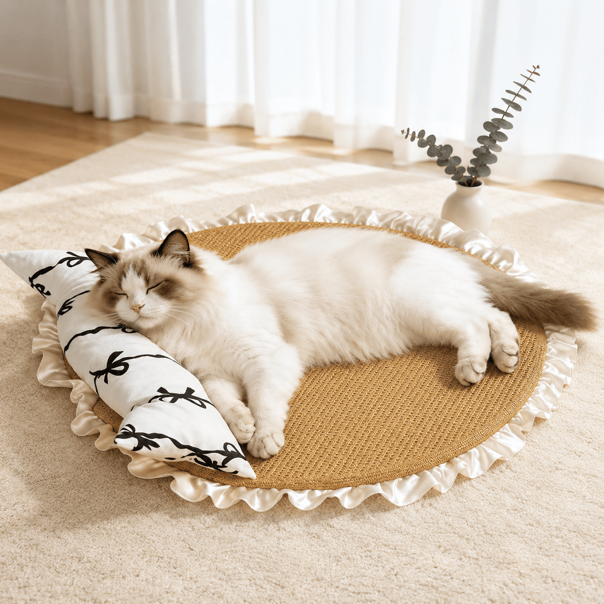 Ragdoll cat curled up on the Noblias rattan cat bed, resting against the black bow bolster pillow.