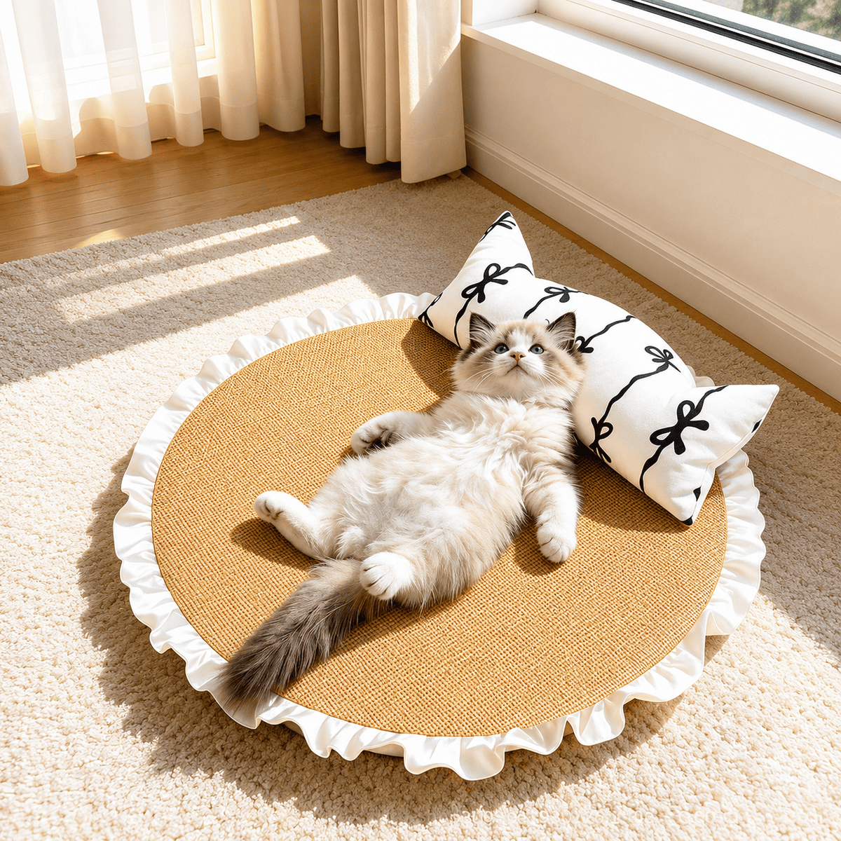 Long haired cat stretched out on the Noblias rattan cat bed beside a sunlit window with the black bow pillow.