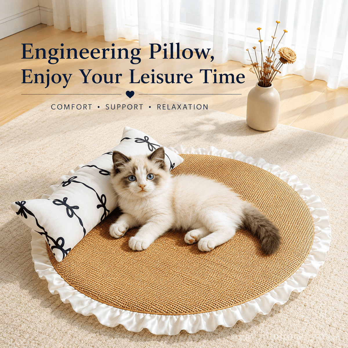 The Noblias rattan cat bed shown with its engineering pillow, labeled for comfort, support and relaxation.