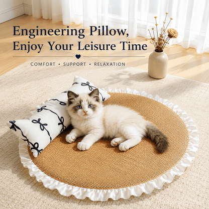 The Noblias rattan cat bed shown with its engineering pillow, labeled for comfort, support and relaxation.