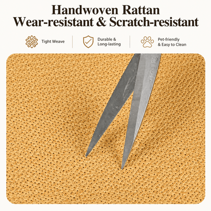 Close view of the handwoven rattan weave on the Noblias cat bed, shown as wear resistant and scratch resistant against a pair of scissors.