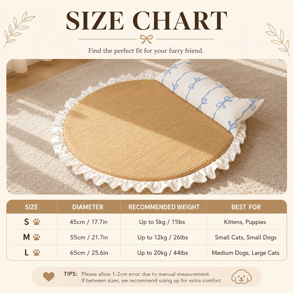 Size chart for the Noblias rattan cat bed listing S at 17.7 inches, M at 21.7 inches and L at 25.6 inches with recommended weights.